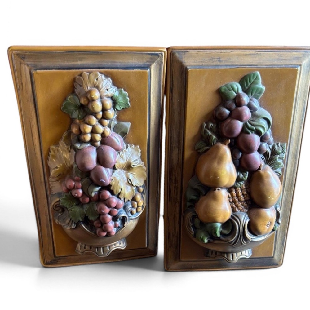 Vintage Holland Mold Ceramic Fruit Wall Plaques Set Grapes Pears MCM Decor